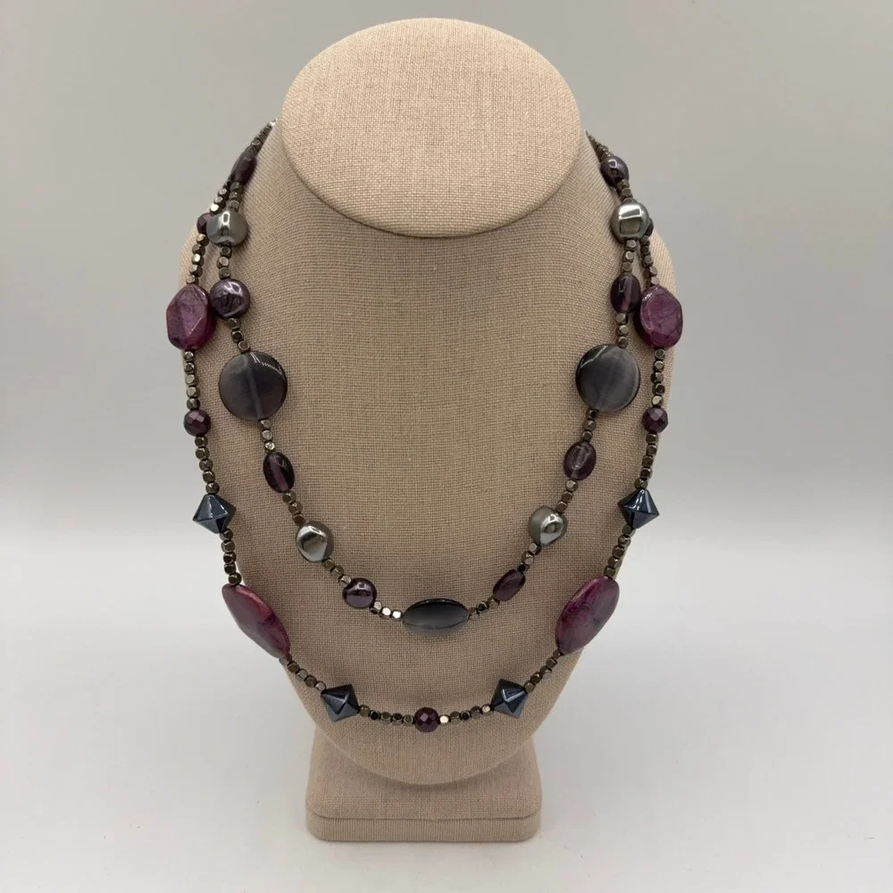 Chico's Beaded Necklace Purple Grey Double Strand Layered Boho Statement Artsy